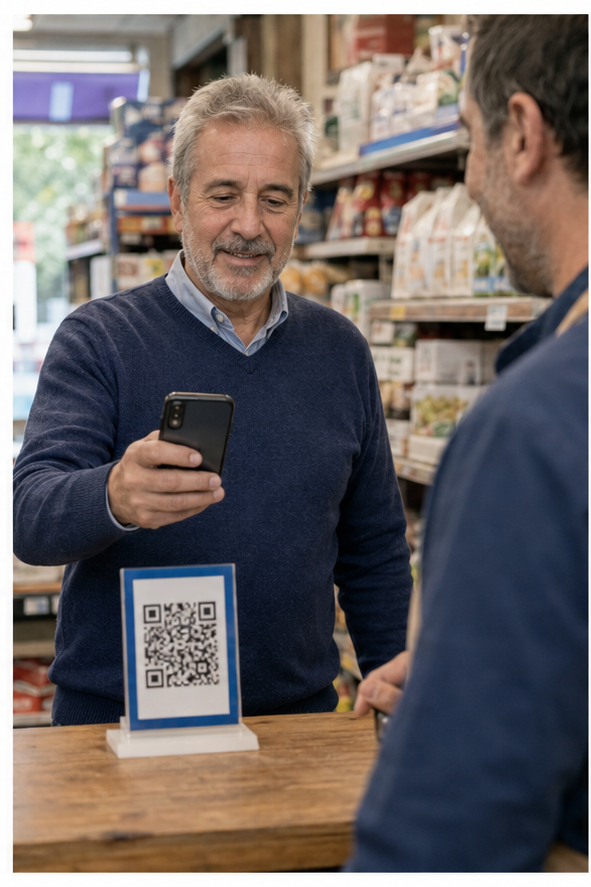 Hombre paga con el teléfono mediante un código QR en un comercio de barrio.