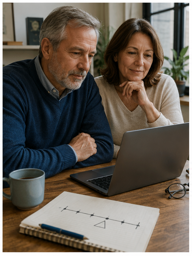 Pareja adulta aprende sobre activos digitales con una computadora y un cuaderno.