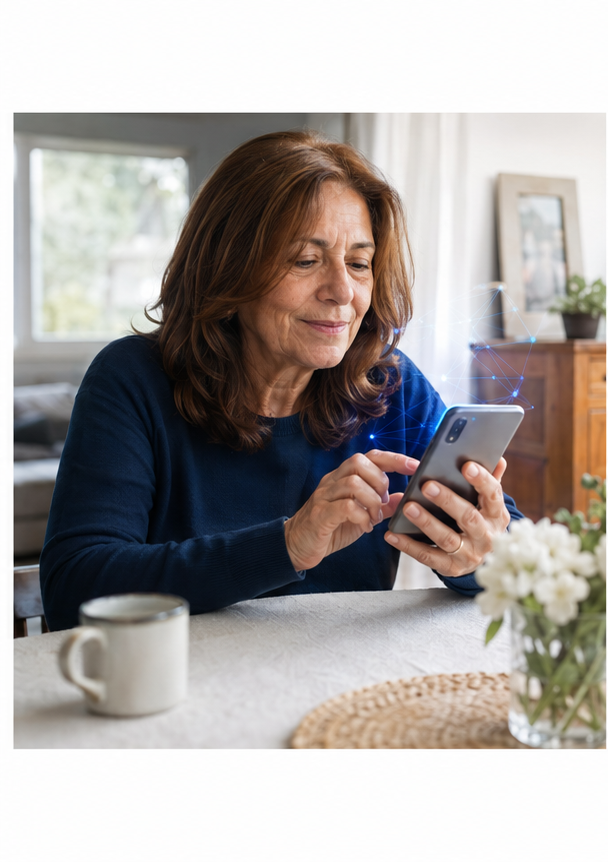 Mujer adulta usa un asistente de inteligencia artificial desde su teléfono en una mesa luminosa.