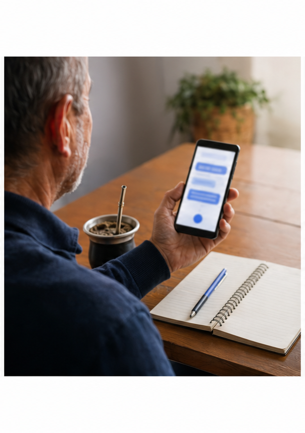 Hombre adulto consulta un asistente en el celular junto a un cuaderno y un mate.