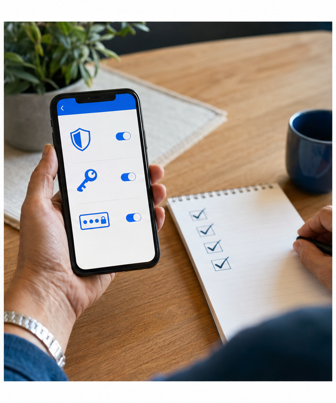 Teléfono con controles gráficos de seguridad junto a una lista de verificación.