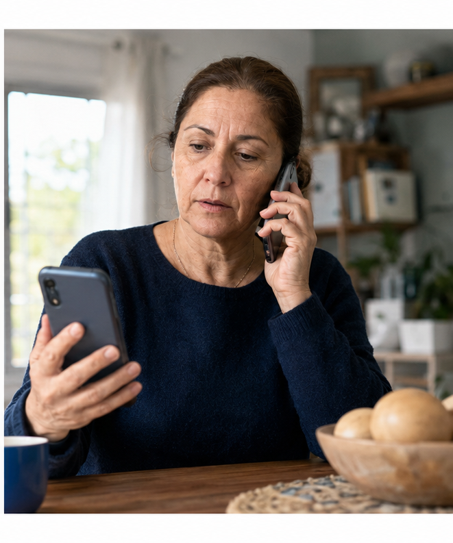 Mujer verifica por llamada un mensaje sospechoso visto en otro teléfono.